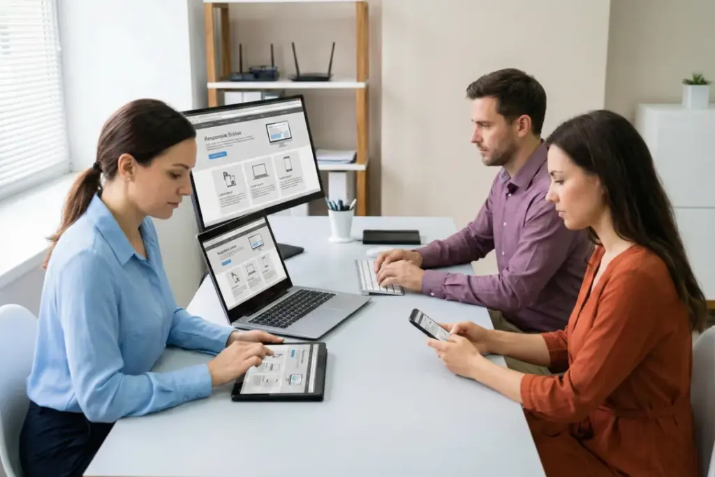 Two women and one man testing a website across desktop, tablet, and mobile devices in a professional office, illustrating quality assurance and pre-launch website testing.