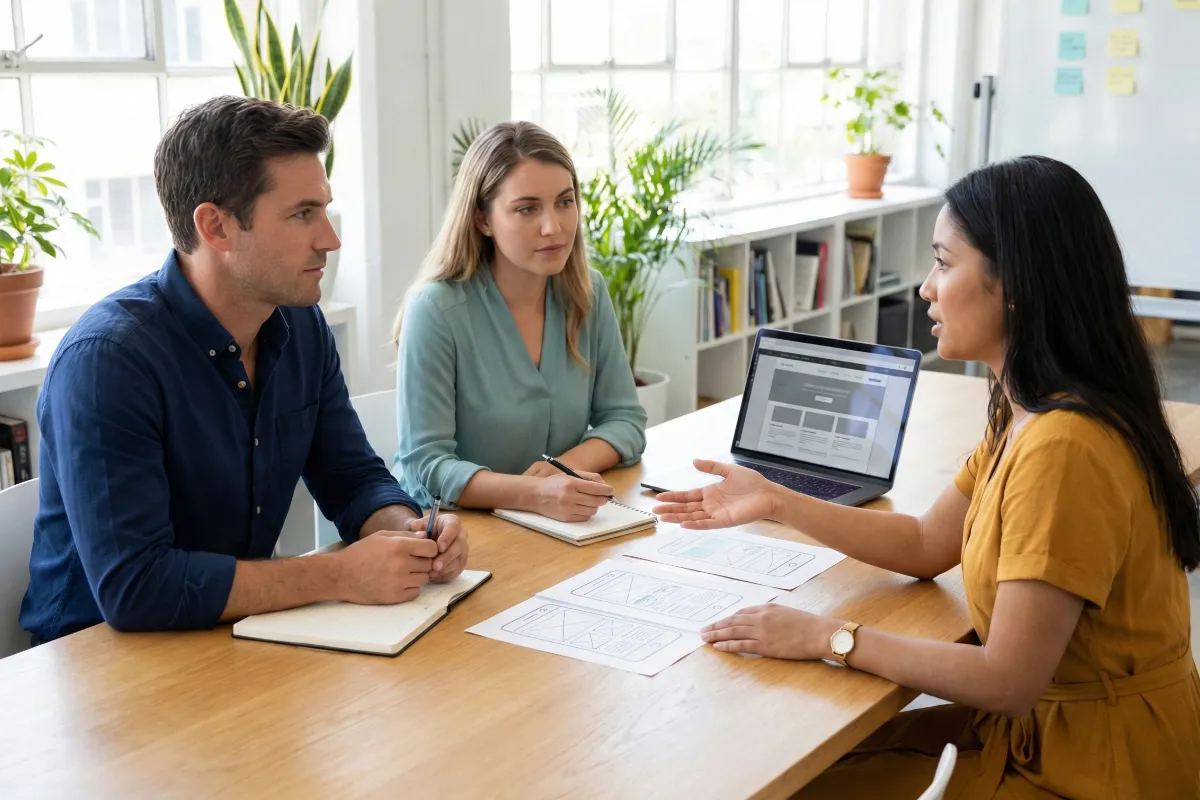 A team of a man and two women in a modern office collaborating around a table with wireframes and a laptop, illustrating the behind-the-scenes planning phase of a professional website development.
