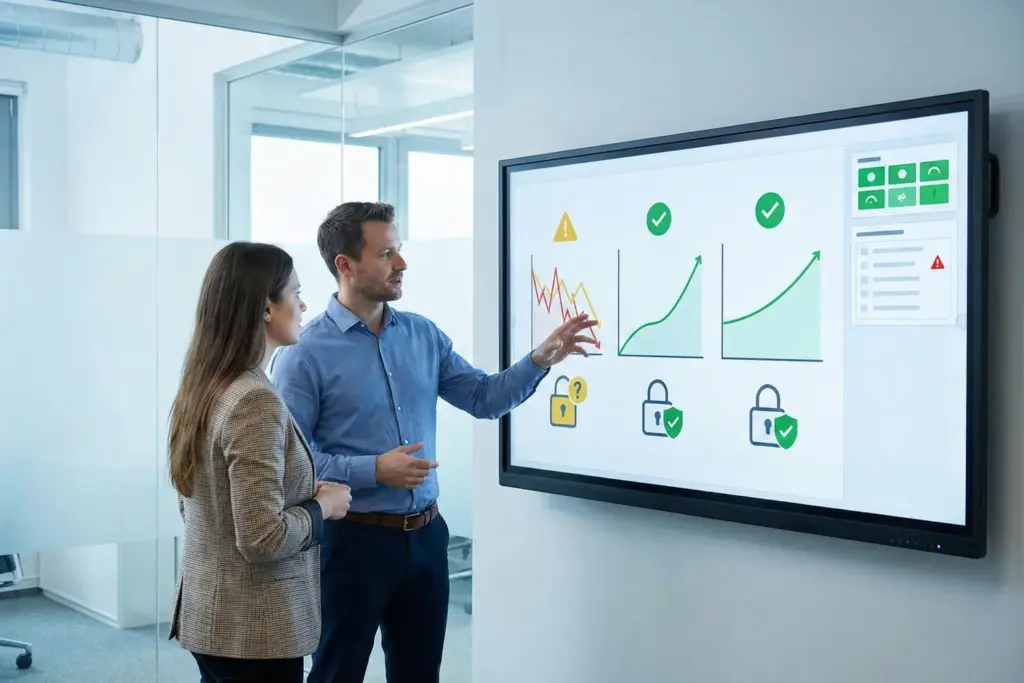 A man stands in a modern office. He appears to be explaining website hosting options to a colleague using a large digital screen. The screen shows comparisons of shared, VPS, and cloud hosting, with clear performance graphs and security alerts.
