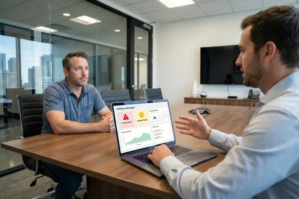 A man and a website support expert sit across from each other in a modern meeting room, discussing a website audit report. The screen displays security issues, outdated plugins, and a maintenance plan. It highlights the need for professional support.